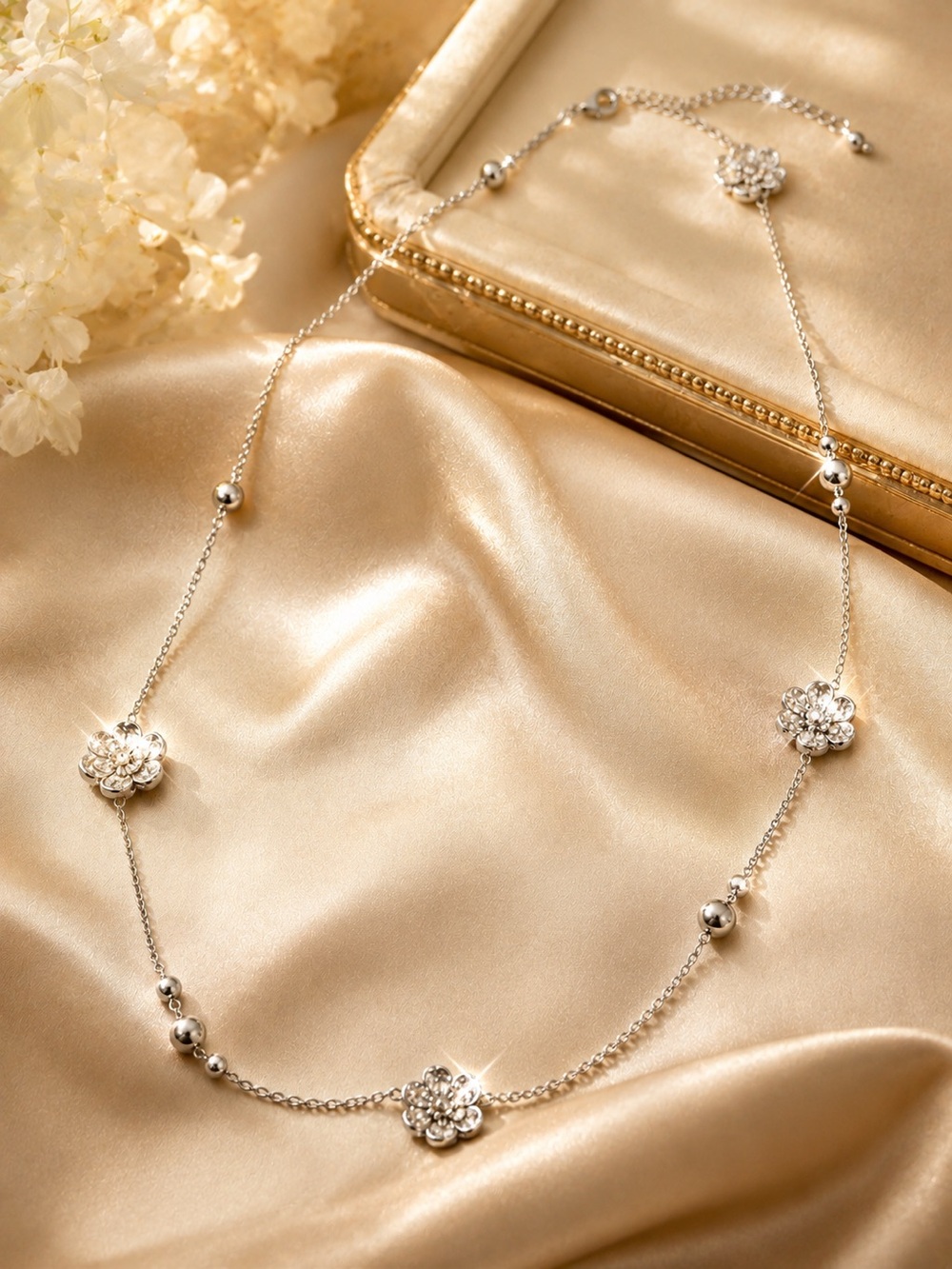 Silver Floral Crystal Station Necklace - Women Jewelry